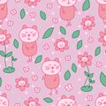 Cat flower sleep pink green seamless pattern