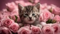 cat and flowers An amusing scene where a sleepy kitten is inside a surprise of pink roses,