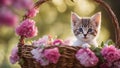 cat and flowers A charming kitten wearing a chaplet of vibrant blooms, peeking out from a basket Royalty Free Stock Photo