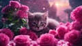 cat and flowers highly intricately detailed photograph of A kitten sleeps deeply amidst bright pink roses