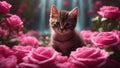 cat and flowers highly intricately detailed photograph of A kitten sleeps deeply amidst bright pink roses