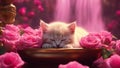 cat with flowers highly intricately detailed photograph of A kitten sleeps deeply amidst bright pink roses