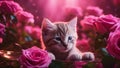 cat and flowers highly intricately detailed photograph of A kitten sleeps deeply amidst bright pink roses