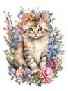 Cat with flowers. Kitten in a floral decoration. Cute cat on a card