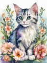 Cat with flowers. Kitten in flower decoration. Cute cat on a postcard