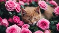 cat and flowers A kitten sleeps deeply amidst bright pink roses.