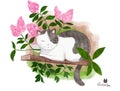 Cat with flowers. Watercolor greeting card.