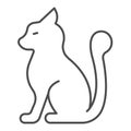 Cat with fluffy tail thin line icon, domestic animals concept, kitten sitting sign on white background, silhouette of Royalty Free Stock Photo