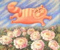 Cat flying over peonies