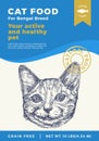 Cat Food Label Template. Abstract Vector Packaging Design Layout. Modern Typography Banner with Hand Drawn Bengal Breed