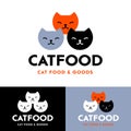 Cat Food logo. Three cat`s faces and letters. Cat icon. Veterinary service and goods for pets.