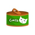 Cat food tin with smile cat. Feed for domestic animals. Can with green label. Kittens conserved meal packaging. Cylinder