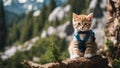 cat in the forest An adventurous kitten with a mock-serious expression, pretending to be a mountain climber