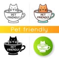 Cat friendly cafe icon. Kitten permitted food service establishment. Domestic animals allowed territory, pets welcome