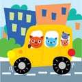 Cat Friends Ride Car on City Road Illustration