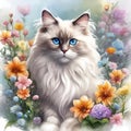 a cat in front of flowers with blue eyes on top