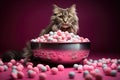 A cat in front of a large bowl of pink cat food