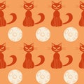 Cat and full Moon seamless pattern. Vector Halloween elements in endless background in flat style Royalty Free Stock Photo