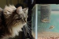 cat with fur bristled, startled by fish darting in tank Royalty Free Stock Photo