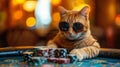 A cat gambler in sunglasses makes stacks in a casino. Generative AI