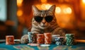 A cat gambler in sunglasses makes stacks in a casino. Generative AI