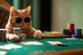 A cat gambler in sunglasses makes stacks in a casino. Generative AI