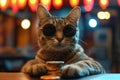 A cat gambler in sunglasses makes stacks in a casino. Generative AI