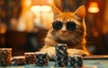 A cat gambler in sunglasses makes stacks in a casino. Generative AI