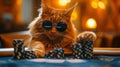 A cat gambler in sunglasses makes stacks in a casino. Generative AI