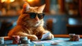 A cat gambler in sunglasses makes stacks in a casino. Generative AI