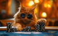 A cat gambler in sunglasses makes stacks in a casino. Generative AI