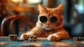 A cat gambler in sunglasses makes stacks in a casino. Generative AI