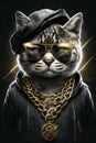 cat gangsta rapper in sunglasses and gold chains. Thug life concept. Generative AI illustration