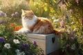 Cat garden box flowers. Generate Ai Royalty Free Stock Photo