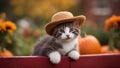 cat in the garden A charming kitten with a curious expression, atop a red fence, wearing a pumpkin hat Royalty Free Stock Photo