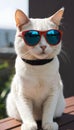 A cat getting dressed for the impending summer and donning sunglasses