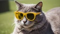 A cat getting dressed for the impending summer and donning sunglasses