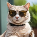 A cat getting dressed for the impending summer and donning sunglasses