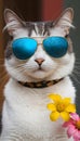 A cat getting dressed for the impending summer and donning sunglasses