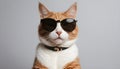 A cat getting dressed for the impending summer and donning sunglasses