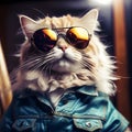 A cat getting dressed for the impending summer and donning sunglasses