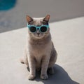 A cat getting dressed for the impending summer and donning sunglasses