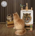 Cat ginger looks in mirror near its self-portrait 2