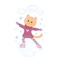 Cat girl in dress skates an ice rink. Cute character figure skating. Vector illustration of winter fun