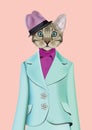 Cat girl dressed up in classic retro style. Royalty Free Stock Photo