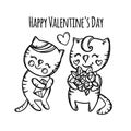 CAT GIVES FLOWERS Valentine Day Cartoon Vector Illustration Set