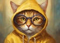 Cat with glasses. Cat in a yellow hoodie. Round glasses. Ginger cat close up. Fantastic backdrop. AI generated