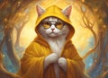 Cat with glasses. Cat in a yellow hoodie. Round glasses. Ginger cat close up. Fantastic background. AI generated