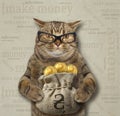 Cat holds a sack of gold hryvnia Royalty Free Stock Photo