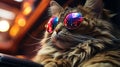 A cat with glasses and a rainbow colored face